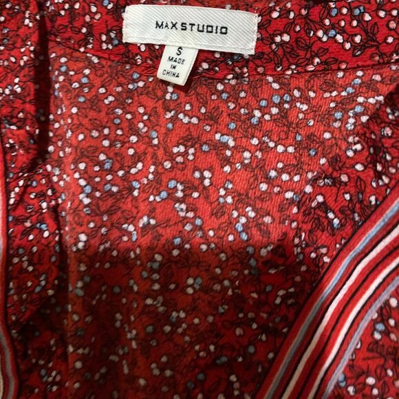 Max Studio Red with Micro Floral Long Dress – Size S – Ruffle Neckline & Smocked - Picture 3 of 6